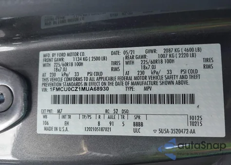 2021 Ford Escape Sel Hybrid z USA, uszkodzony, nr VIN 1FMCU0CZ1MUA68930